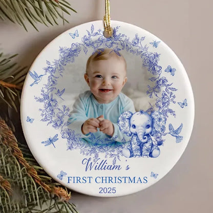 Baby First Christmas Ceramic Ornament with Blue Floral Wreath