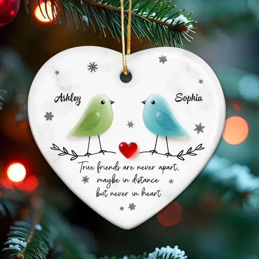 Ceramic Heart Ornament with Birds, Red Heart and Snowflakes