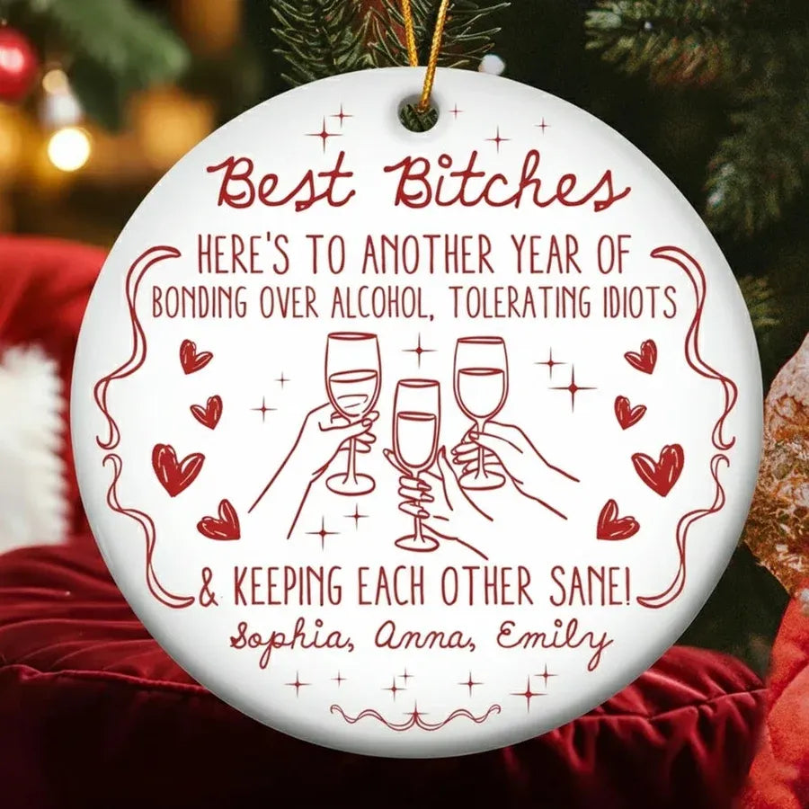 Best Friends Ornament with Red Cheers Line Art