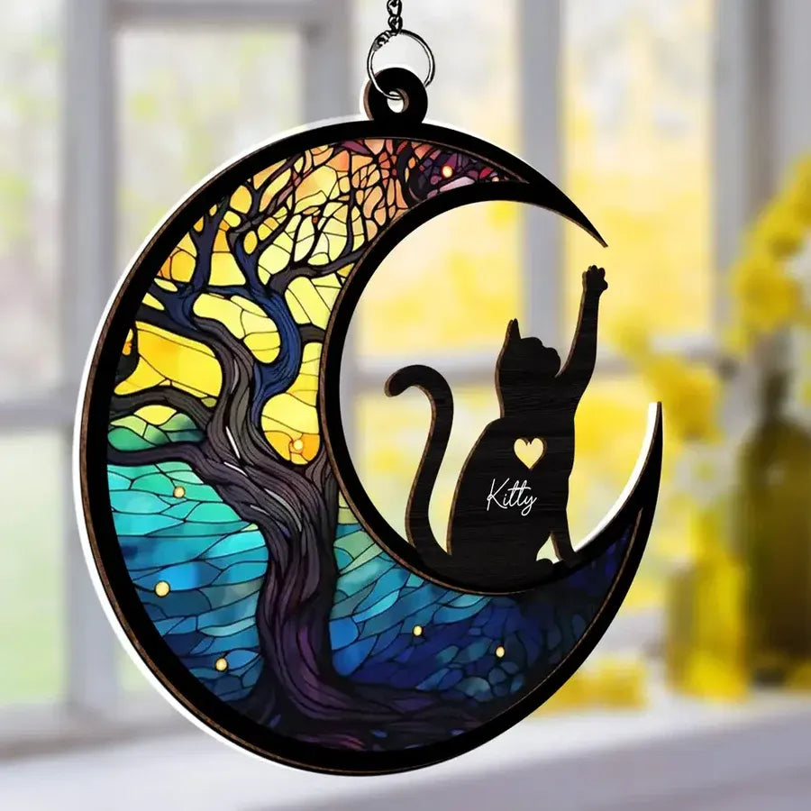 Personalized Cat and Moon Layered Wood and Acrylic Ornament