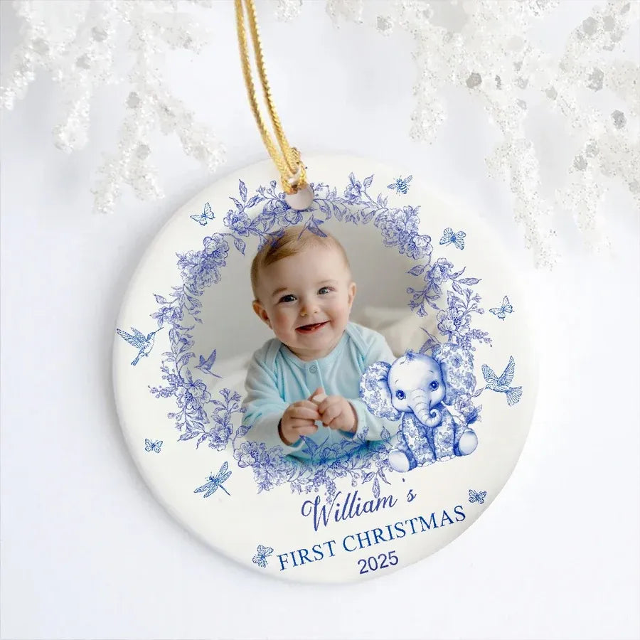 Baby First Christmas Ceramic Ornament with Blue Floral Wreath