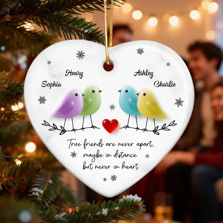 Ceramic Heart Ornament with Birds, Red Heart and Snowflakes