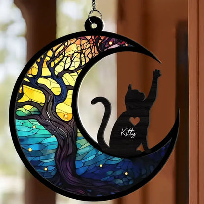 Personalized Cat and Moon Layered Wood and Acrylic Ornament