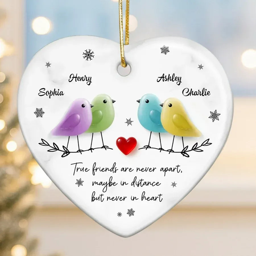 Ceramic Heart Ornament with Birds, Red Heart and Snowflakes
