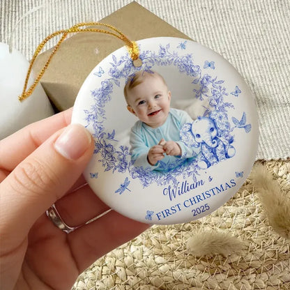Baby First Christmas Ceramic Ornament with Blue Floral Wreath