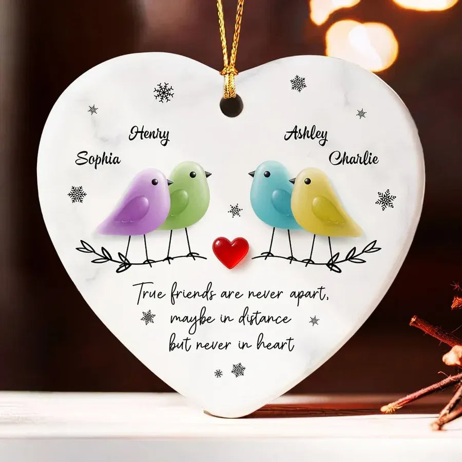 Ceramic Heart Ornament with Birds, Red Heart and Snowflakes