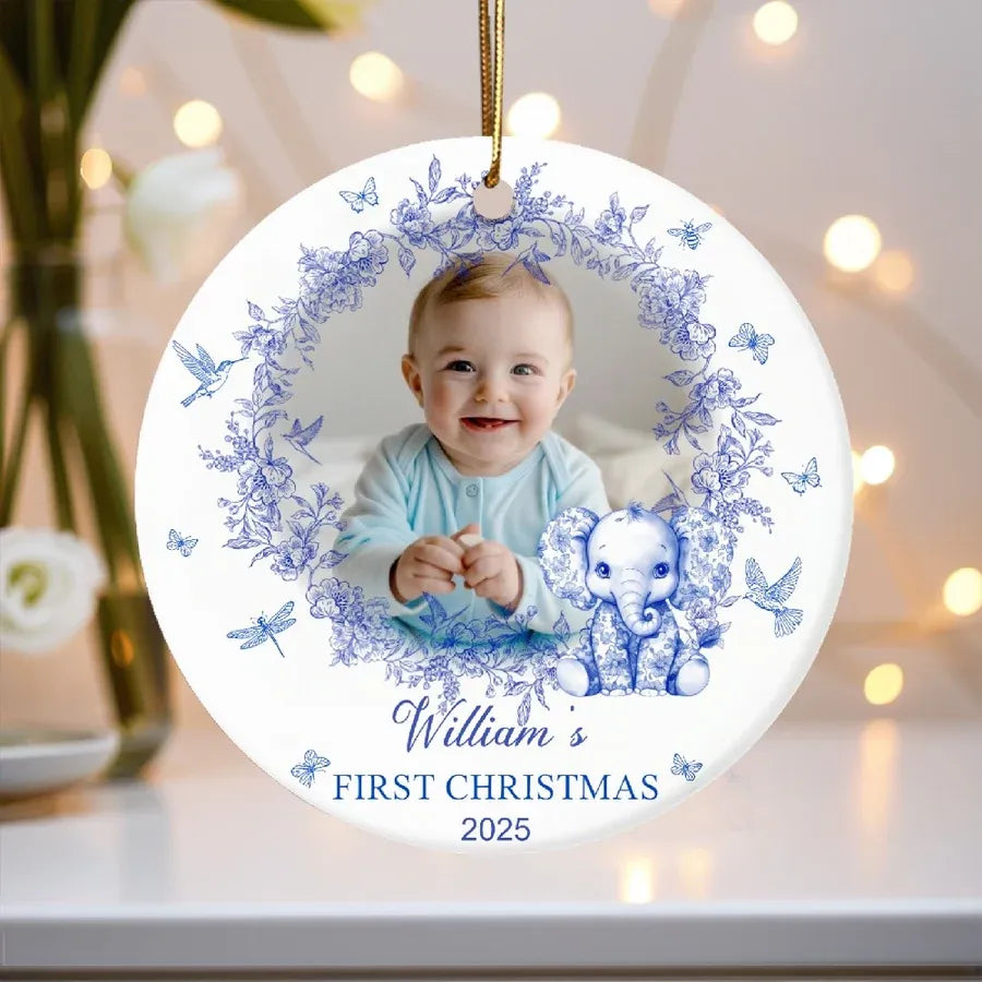 Baby First Christmas Ceramic Ornament with Blue Floral Wreath