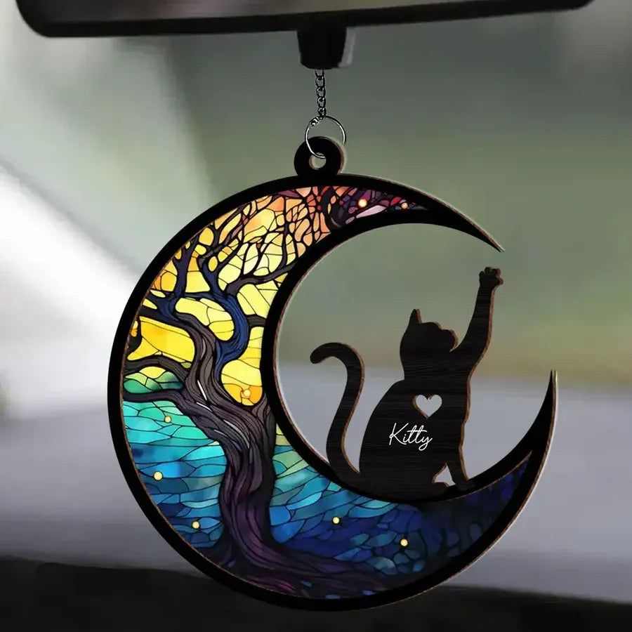 Personalized Cat and Moon Layered Wood and Acrylic Ornament