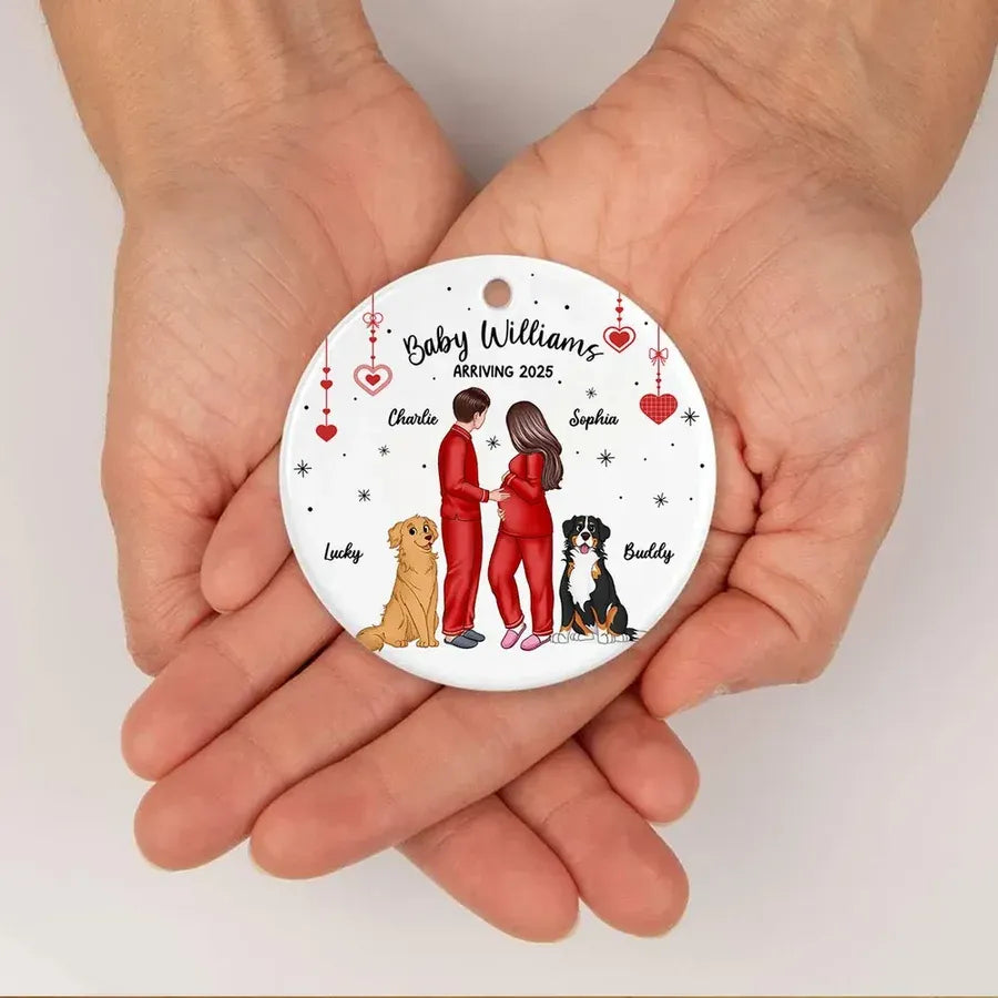 Ceramic Ornament with Expecting Parents Illustration