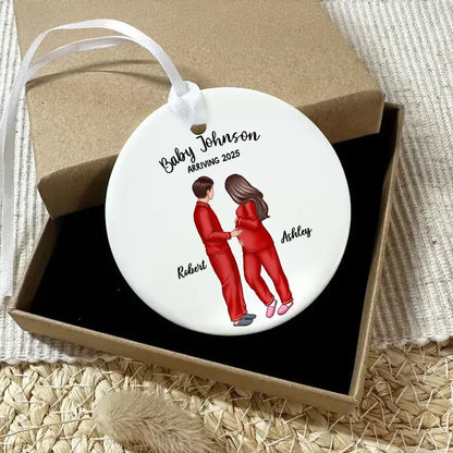 Ceramic Ornament with Expecting Parents Illustration