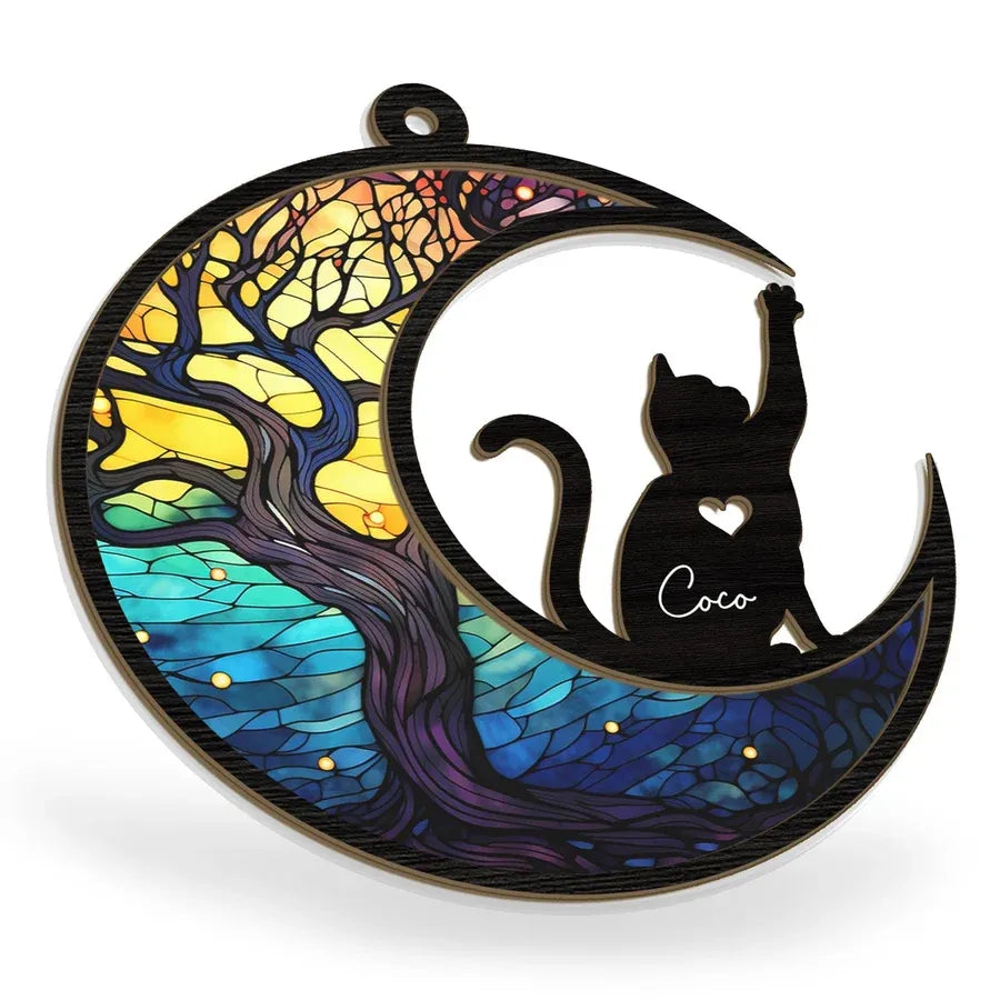 Personalized Cat and Moon Layered Wood and Acrylic Ornament