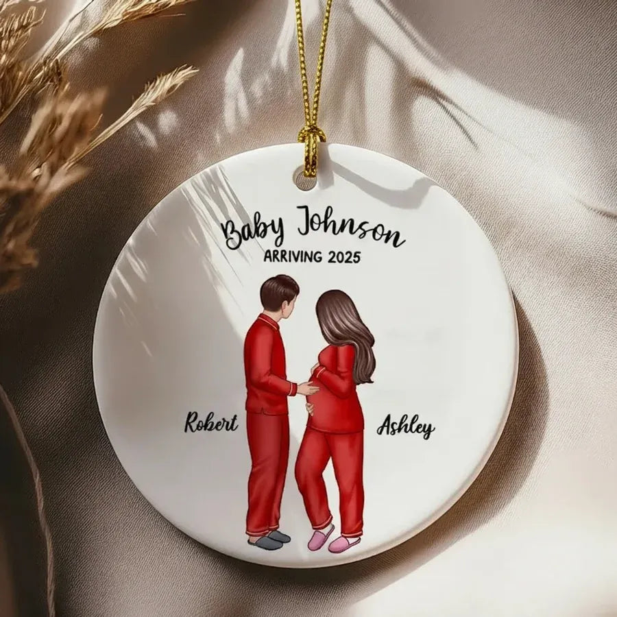 Ceramic Ornament with Expecting Parents Illustration